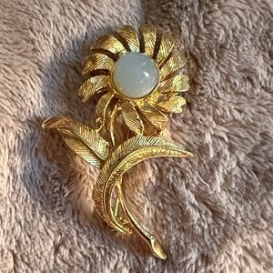 Gold Floral Brooch with White Cabochon